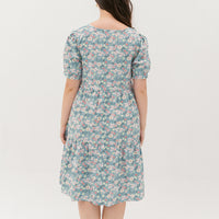 Florence Puff-Sleeved Floral Tiered Dress In Blue