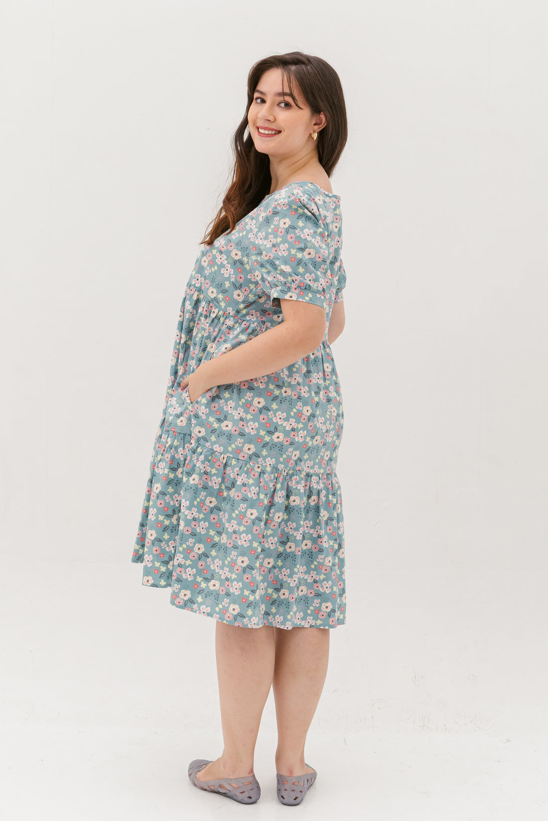 Florence Puff-Sleeved Floral Tiered Dress In Blue