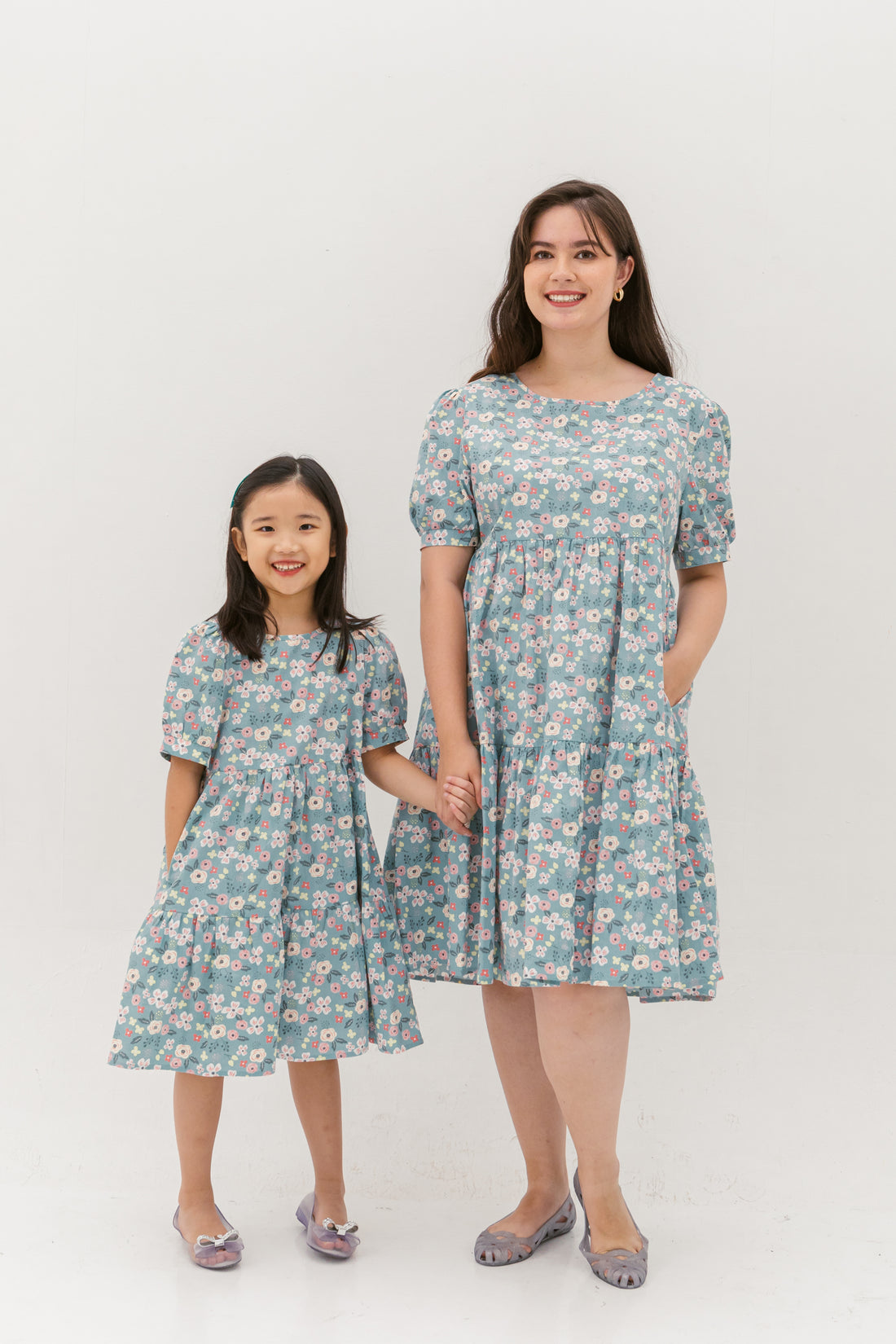 Florence Puff-Sleeved Floral Tiered Dress In Blue