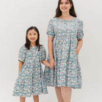 Florence Puff-Sleeved Floral Tiered Dress In Blue