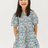 Finley Puff-Sleeved Floral Tiered Dress In Blue
