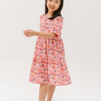 Finley Puff-Sleeved Floral Tiered Dress In Pink