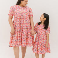 Florence Puff-Sleeved Floral Tiered Dress In Pink