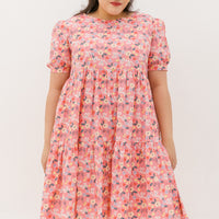 Florence Puff-Sleeved Floral Tiered Dress In Pink