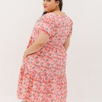 Florence Puff-Sleeved Floral Tiered Dress In Pink
