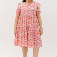 Florence Puff-Sleeved Floral Tiered Dress In Pink