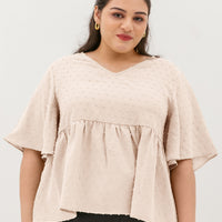 Farrah V-Neck Babydoll Swiss Dots Top In Nude