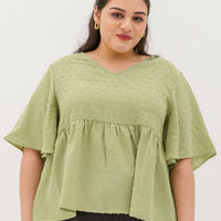 Farrah V-Neck Babydoll Swiss Dots Top In Tea Green