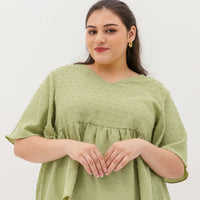 Farrah V-Neck Babydoll Swiss Dots Top In Tea Green