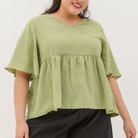 Farrah V-Neck Babydoll Swiss Dots Top In Tea Green