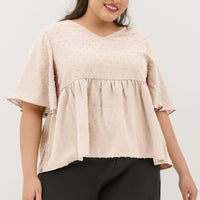 Farrah V-Neck Babydoll Swiss Dots Top In Nude
