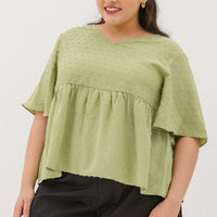 Farrah V-Neck Babydoll Swiss Dots Top In Tea Green