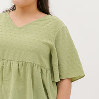 Farrah V-Neck Babydoll Swiss Dots Top In Tea Green