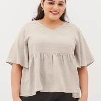 Farrah V-Neck Babydoll Swiss Dots Top In Sand