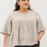 Farrah V-Neck Babydoll Swiss Dots Top In Sand