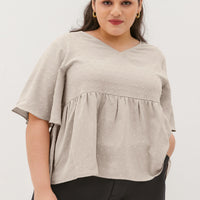 Farrah V-Neck Babydoll Swiss Dots Top In Sand