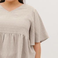 Farrah V-Neck Babydoll Swiss Dots Top In Sand