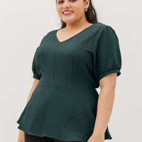 Aria V-Neck Textured Peplum Blouse In Pine Green