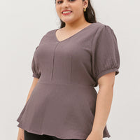 Aria V-Neck Textured Peplum Blouse In Saddle Brown
