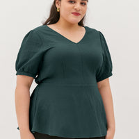 Aria V-Neck Textured Peplum Blouse In Pine Green