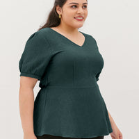 Aria V-Neck Textured Peplum Blouse In Pine Green