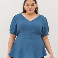 Aria V-Neck Textured Peplum Blouse In Blue Jay