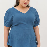 Aria V-Neck Textured Peplum Blouse In Blue Jay