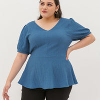 Aria V-Neck Textured Peplum Blouse In Blue Jay