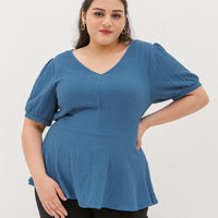 Aria V-Neck Textured Peplum Blouse In Blue Jay