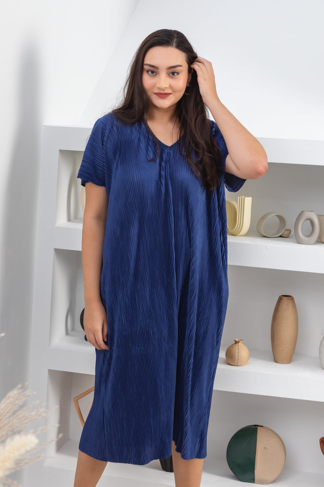 Victoria Pleated Dress In Sapphire Blue