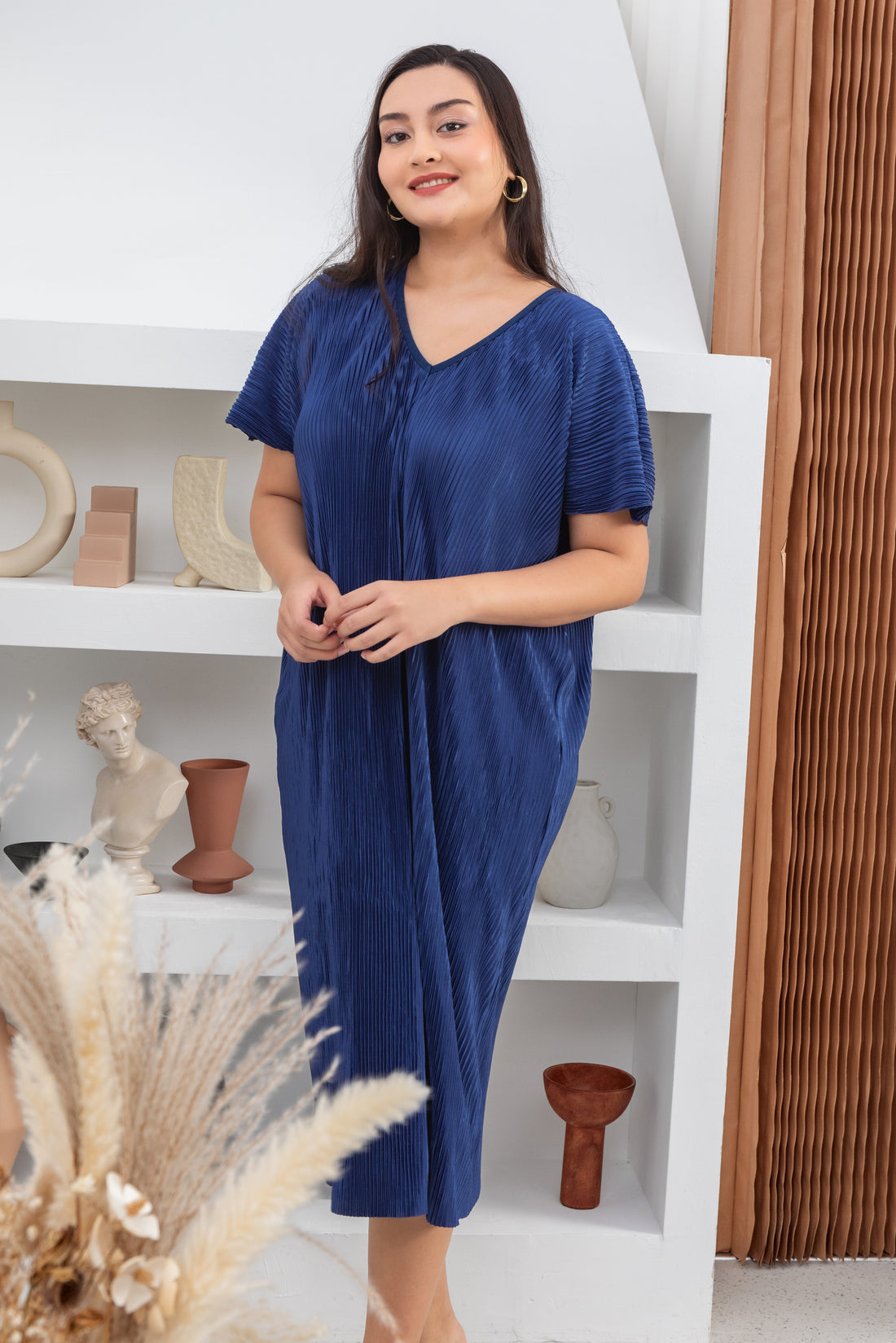 Victoria Pleated Dress In Sapphire Blue