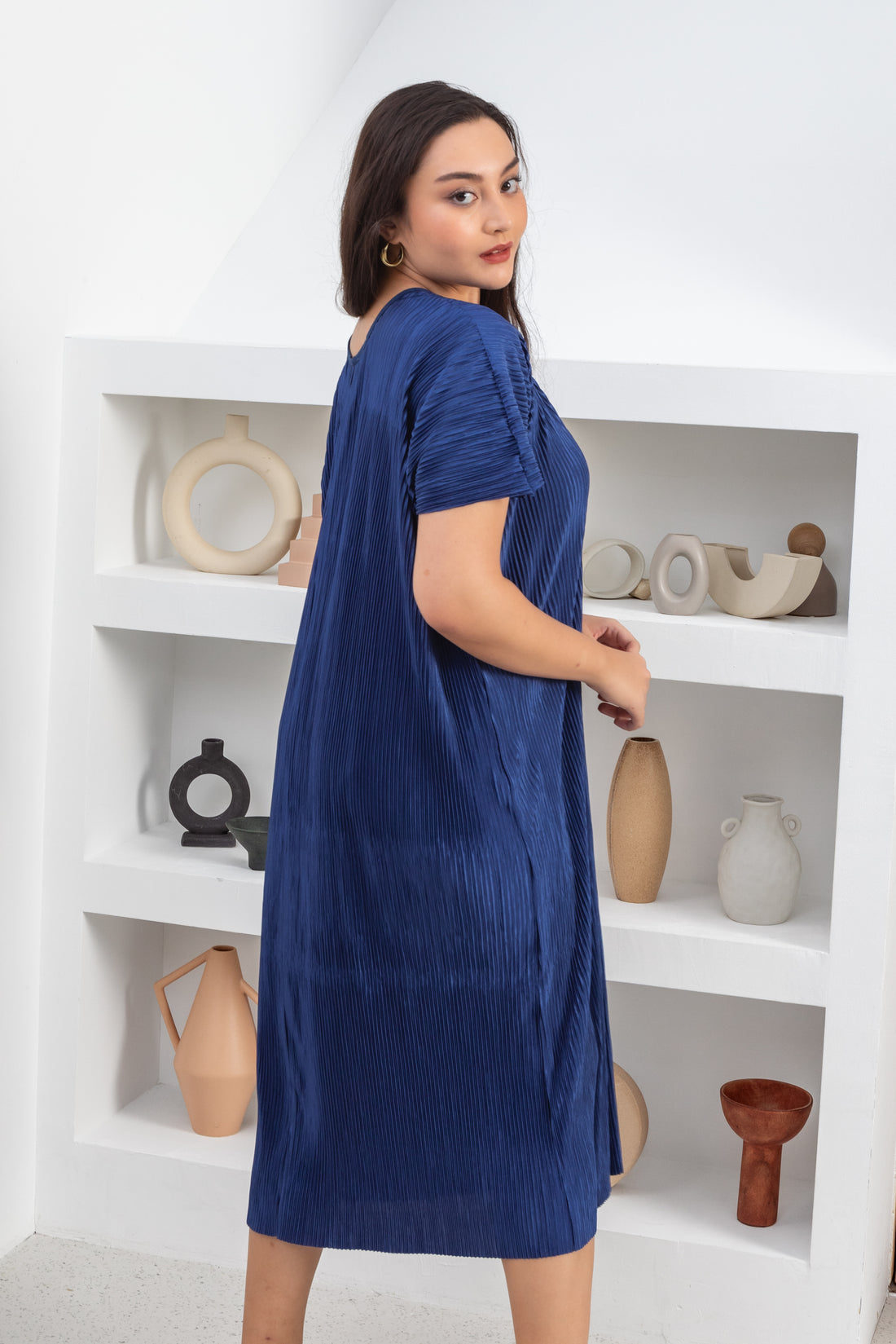 Victoria Pleated Dress In Sapphire Blue