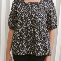 Rosalie Square Neckline Top In Black Pink Roses