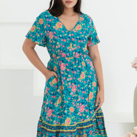 Emily Bohemian V-Neck Dress In Green Floral