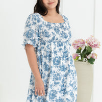 Shelley Smocked Dress In Blue Toile De Jouy
