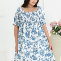 Shelley Smocked Dress In Blue Toile De Jouy