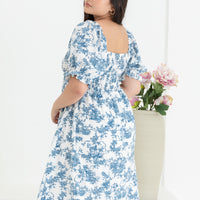 Shelley Smocked Dress In Blue Toile De Jouy