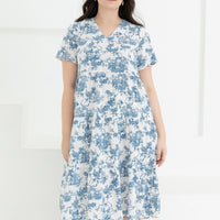 Eva Tiered Dress In Blue Toile De Jouy