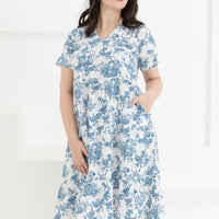 Eva Tiered Dress In Blue Toile De Jouy