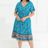 Emily Bohemian V-Neck Dress In Blue Floral
