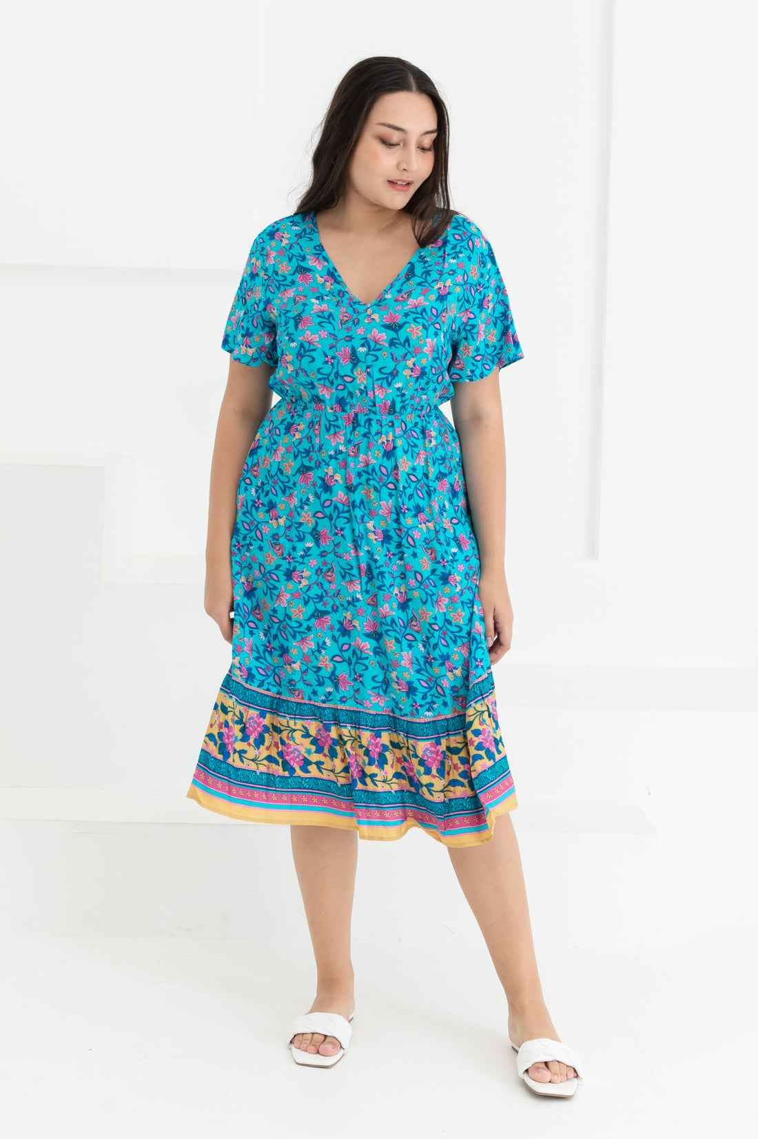 Emily Bohemian V-Neck Dress In Blue Floral