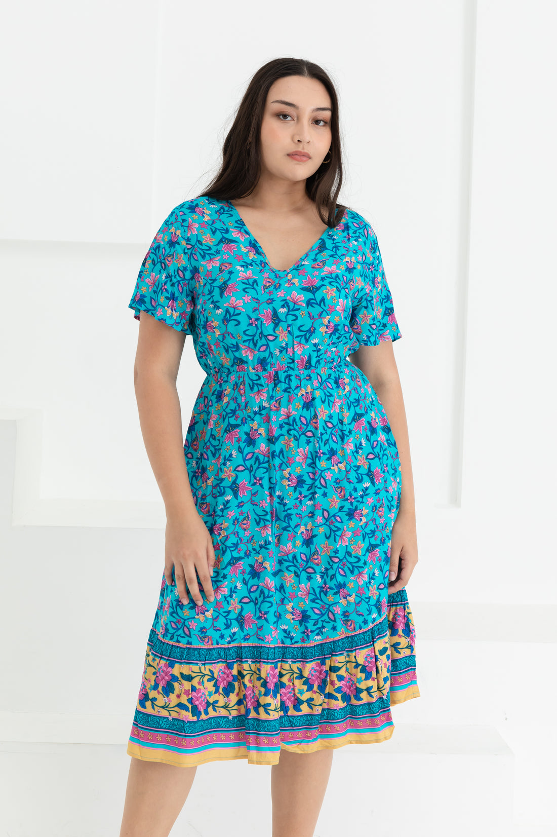 Emily Bohemian V-Neck Dress In Blue Floral