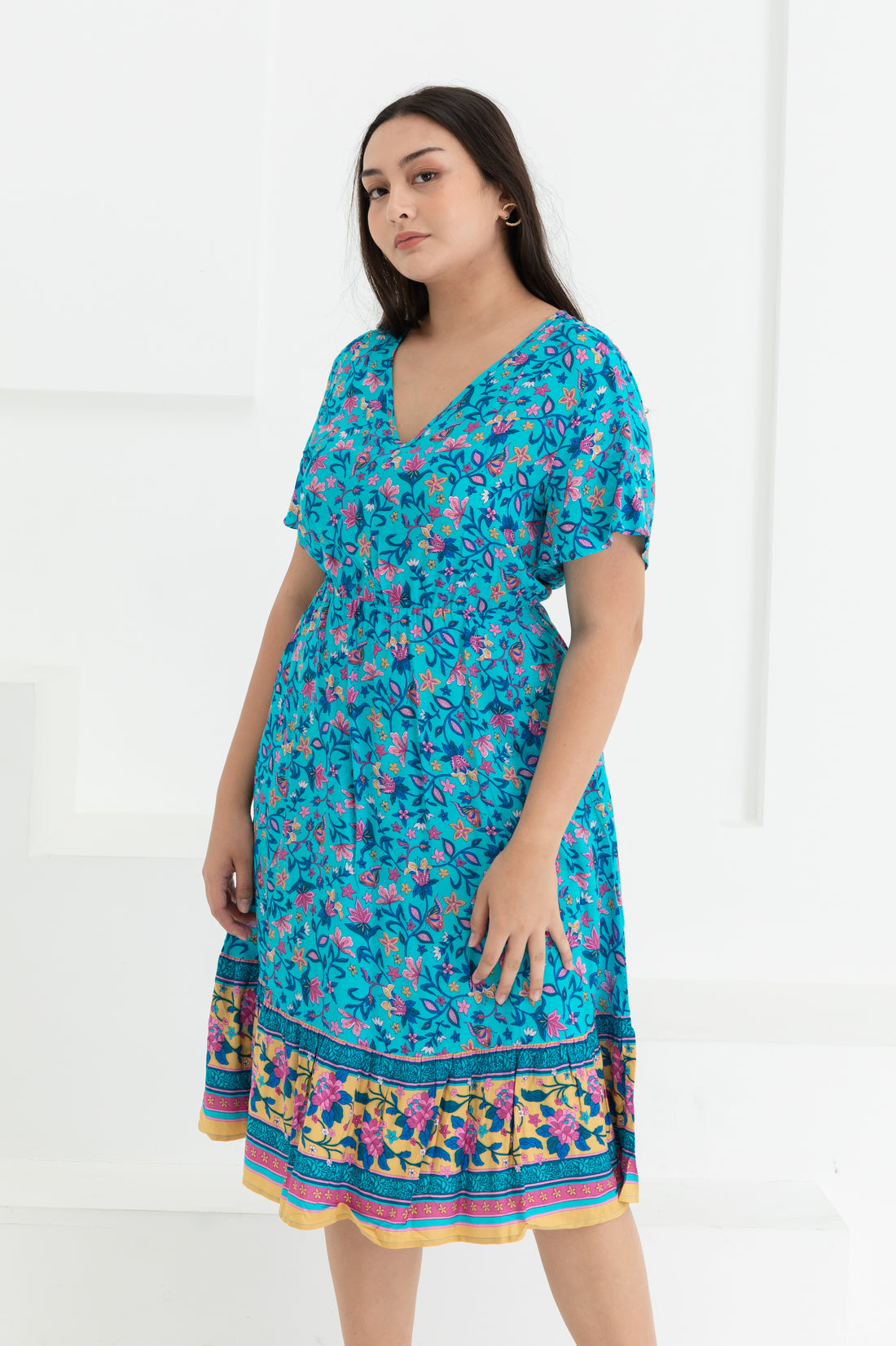 Emily Bohemian V-Neck Dress In Blue Floral