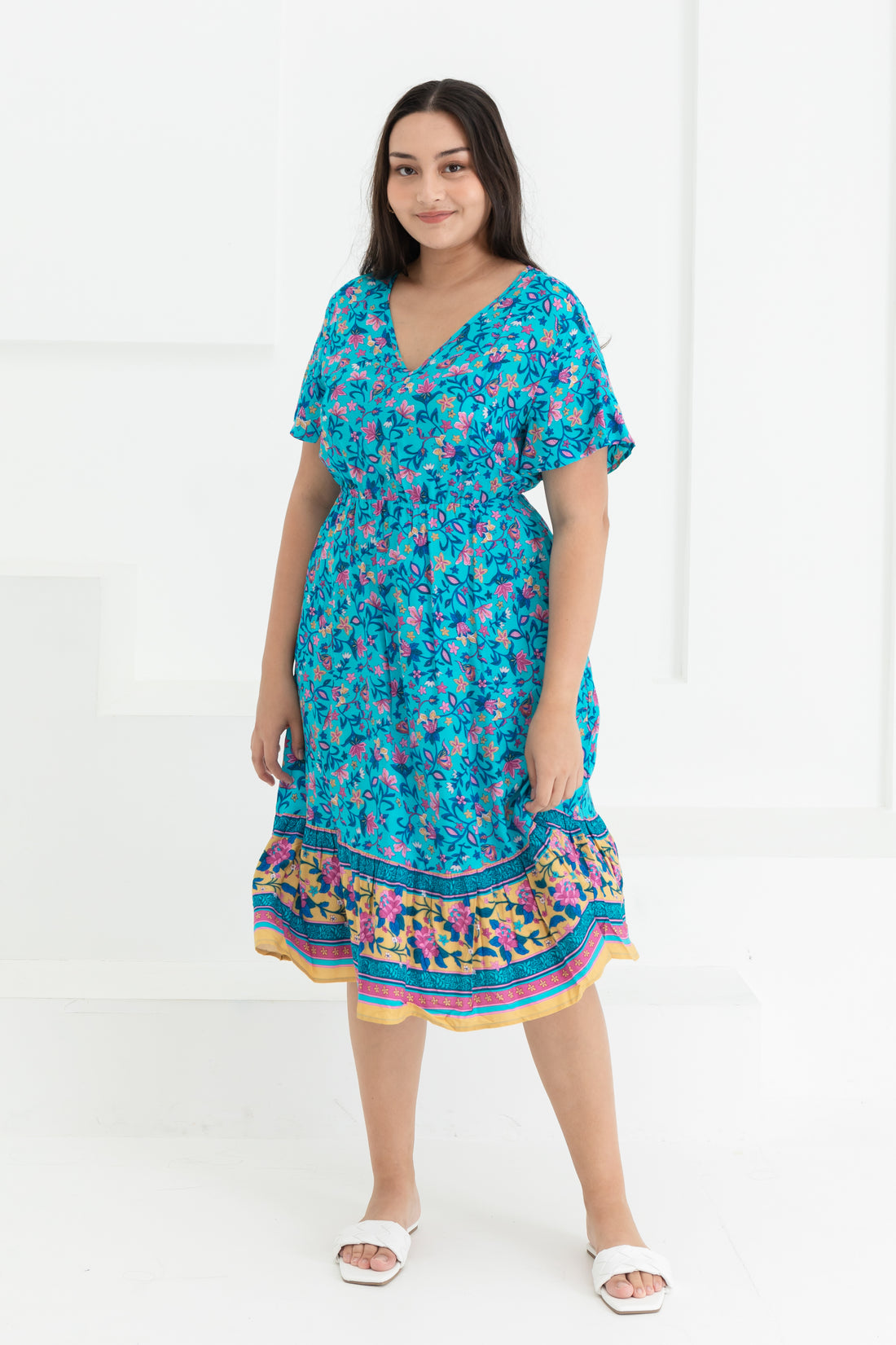 Emily Bohemian V-Neck Dress In Blue Floral