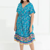 Emily Bohemian V-Neck Dress In Blue Floral