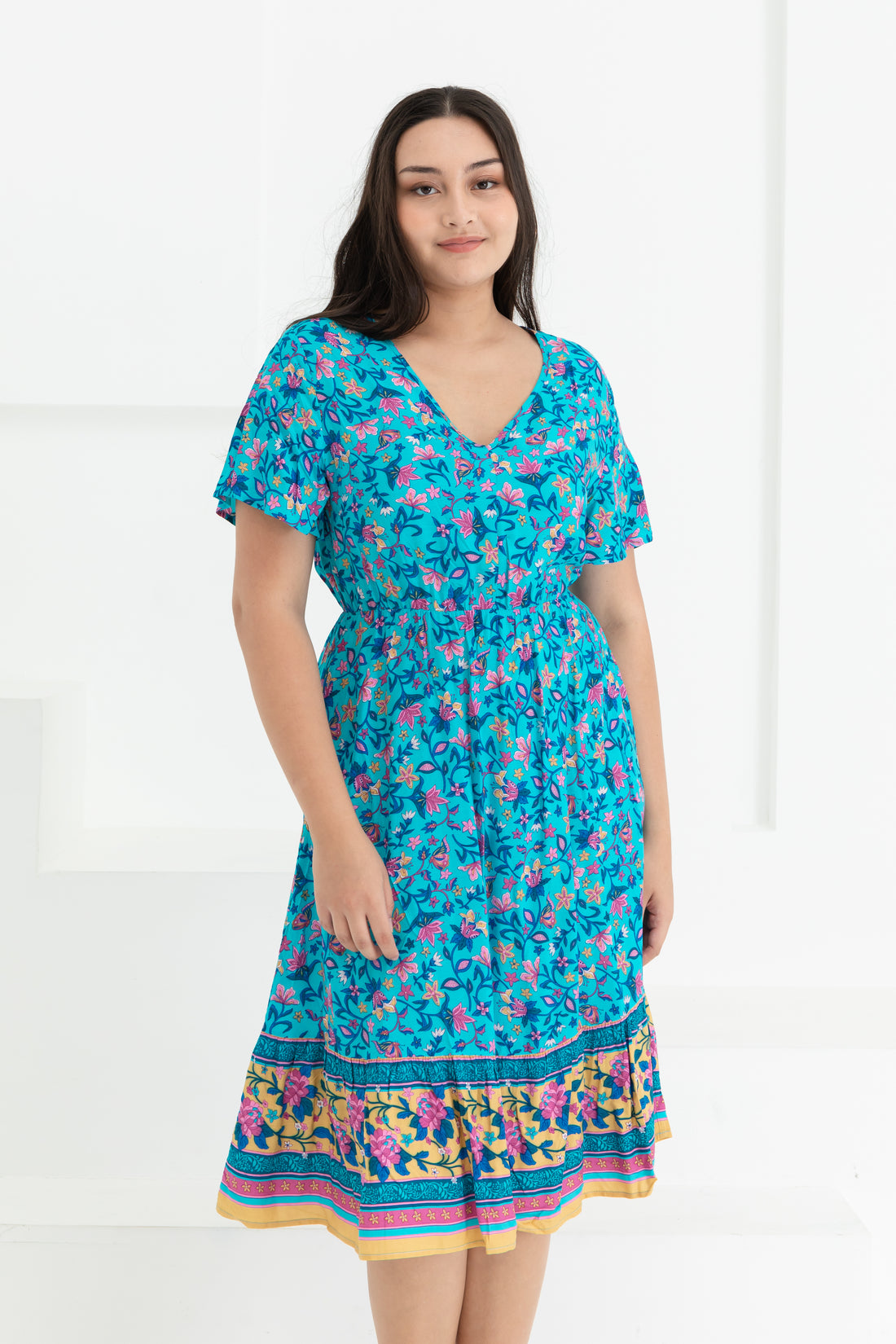 Emily Bohemian V-Neck Dress In Blue Floral