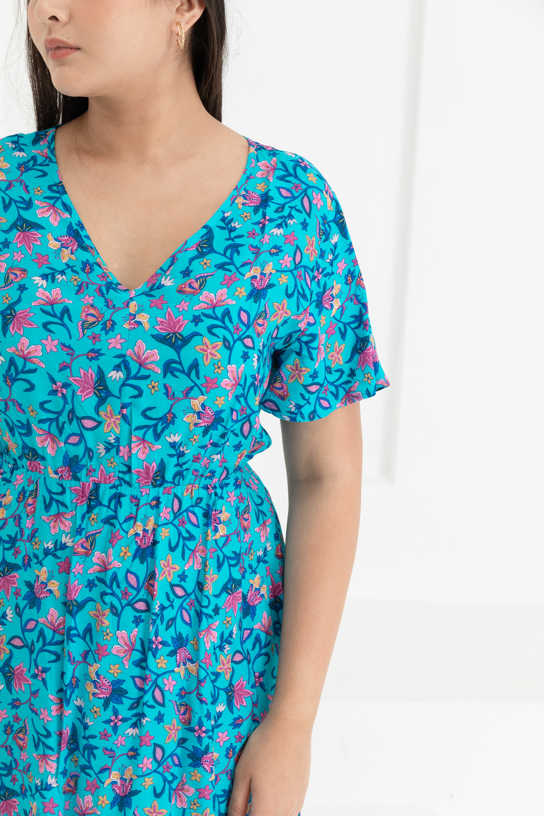 Emily Bohemian V-Neck Dress In Blue Floral