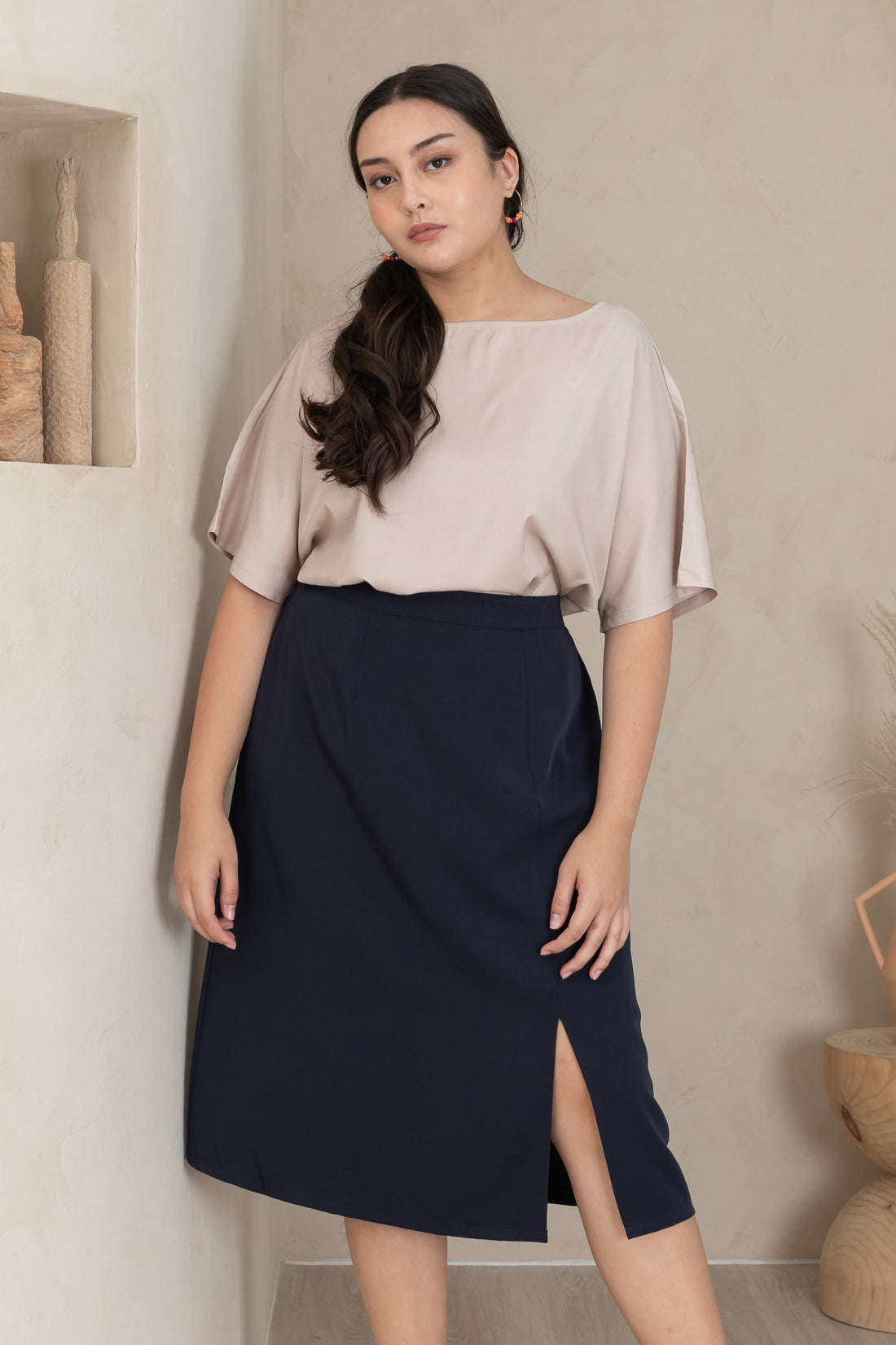 Deidre High Waisted Slit Midi Skirt In Navy Blue