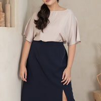 Deidre High Waisted Slit Midi Skirt In Navy Blue