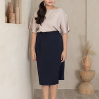 Deidre High Waisted Slit Midi Skirt In Navy Blue